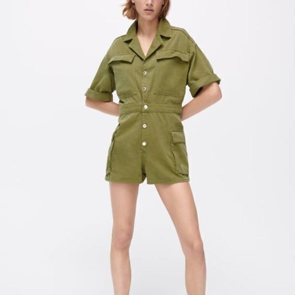 NEW ZARA DENIM JUMPSUIT WITH POCKETS KHAKI WOMENS SIZE XL V‎ NECK FLAP